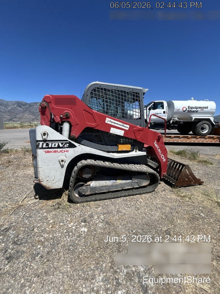 2019 Takeuchi TL10V2-CR Cab/Heat/AC, Rubber Tracks, Backup Alarm, Front & rear working Lights, Auxiliary Hydraulics, 2 Speed Travel, Engine Monitoring System, Hydraulic universal quick hitch w/76" HD dirt bucket with 8 teeth, 20.3 cubic feet capacity, 48" Pallet forks and frame