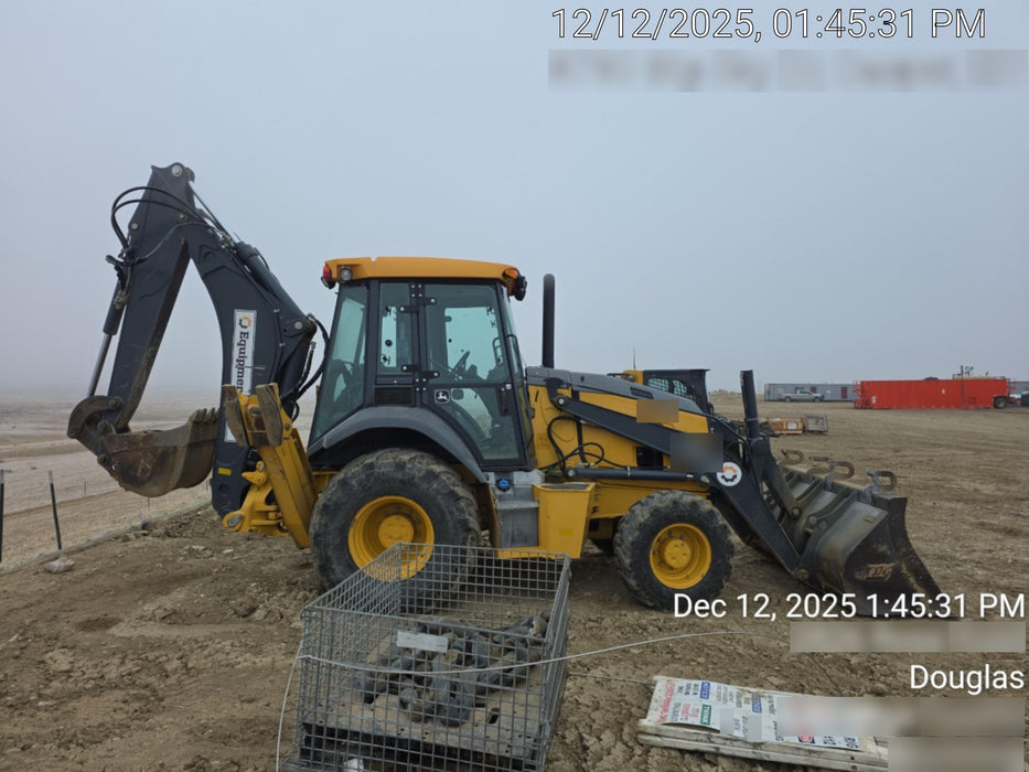 2019 John Deere 410L 4WD, CAB/HVAC, Standard Dipperstick, ISO Controls, Rear Aux Hydraulics, Manual QC, 1.5 Yd Bucket w/Forks, 24" Bucket