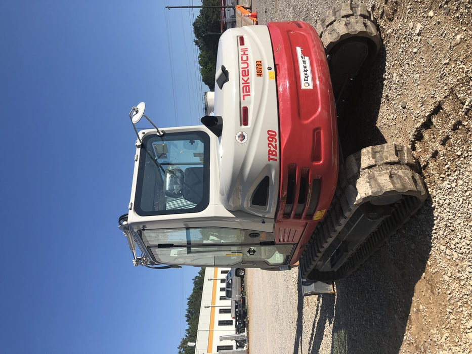 2019 Takeuchi TB290 Cab, AC, Rubber Tracks, Dozer Blade, Travel Alarm, Control Pattern Change Valve, Auxiliary Hydraulics w/18" Quick Coupler Bucket with teeth, 6.2 cu. ft. capacity/24" Quick Coupler Bucket with teeth, 8.6 cu. ft. capacity/36" Quick Coupler Bucket with teeth, 13.4 cu. ft. capacity, Quick Coupler, Hydraulic Thumb Installed
