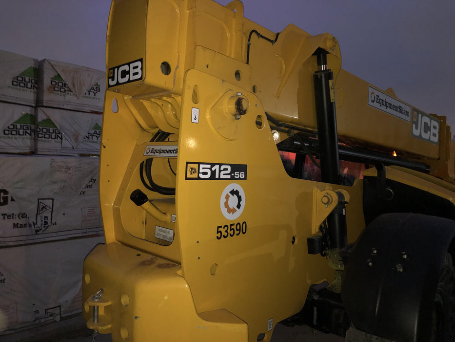 2019 JCB 512-56 Canopy, 109 HP, Solid Tires, STD Worklight, Beacon, Aux Hydraulics, Lifting Eye, Back up Alarm w/66" Carriage/60" Forks