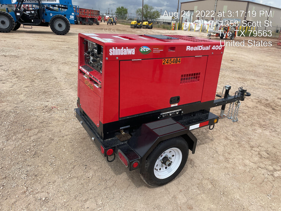 2022 Shindaiwa DGW400MDL Kubota D902 Engine, 23 HP, Dual Op Welder, Wire, Arc, Droop Stick, Tig, and CC Stick Functionality, Simulphase, 3 Phase and 1 Phase Gen Output, Single Axle NB Trlr, Slr Trckl Chrg 12V 12W, Fire Ext