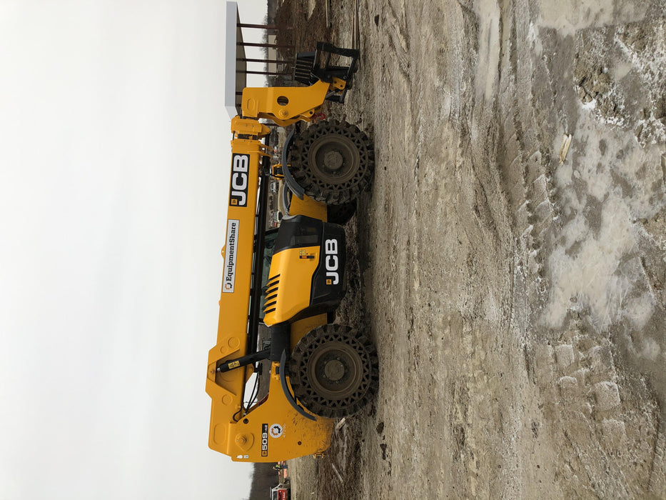 2019 JCB 509-42 Cab/Heat/Air, 74 HP, Solid Tires, STD Worklight, Beacon, Aux Hydraulics, Lifting Eye, Back up Alarm 66" Carriage/60" Forks