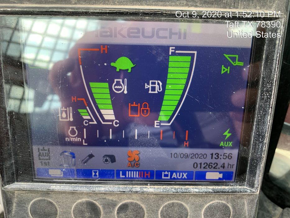 2019 Takeuchi TL10V2-CR Cab/Heat/AC, Rubber Tracks, Backup Alarm, Front & rear working Lights, Auxiliary Hydraulics, 2 Speed Travel, Engine Monitoring System, Hydraulic universal quick hitch w/76" HD smooth dirt bucket with bolt-on edge, 20.3 cubic feet capacity, 48" Pallet forks and frame