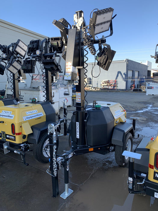 Allmand NLV3GR (4) LED Light Fixture 350W, 23' Vertical Mast, 3kW Prime, Towable, Deep Sea L401, Leveling Jacks, Yanmar T4F 5.8hp