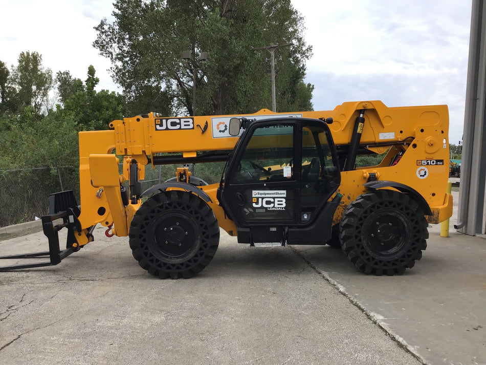 2019 JCB 510-56 Enclosed Cab, 74 HP, Solid Tires, Worklights, Beacon, Aux Hydraulics, Lifting Eye w/66" Carriage/60" Forks