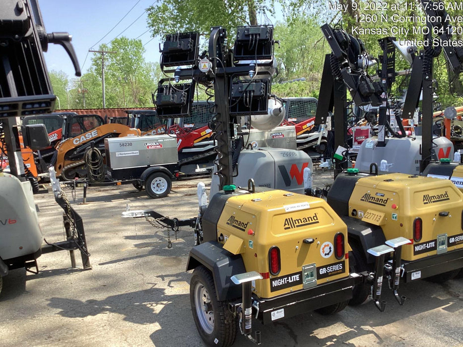 2022 Allmand NLV3GR (4) LED Light Fixture 350W, 23' Vertical Mast, 3kW Prime, Towable, Deep Sea L401, Leveling Jacks, Yanmar T4F 5.8hp