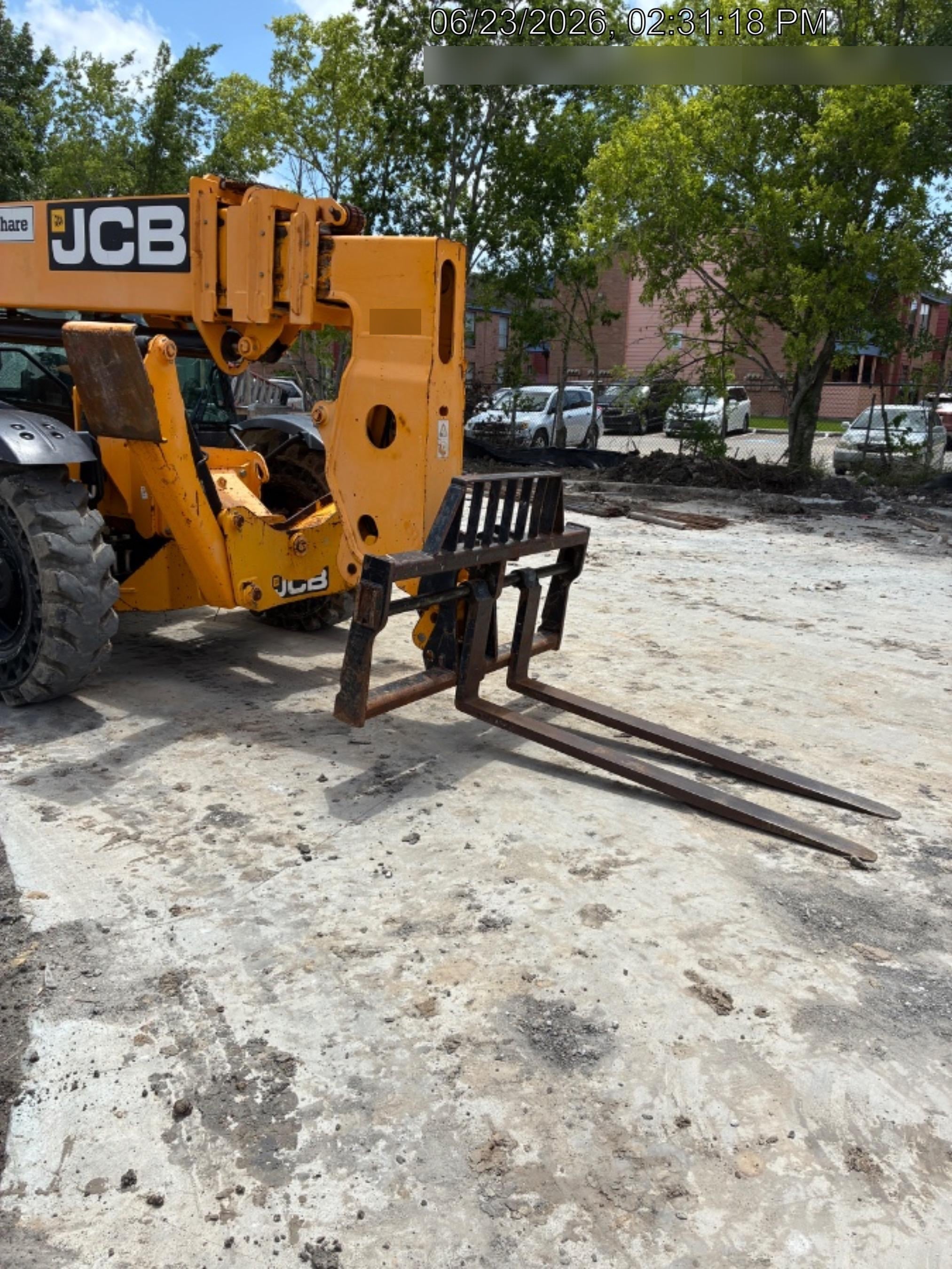 2019 JCB 510-56 Enclosed Cab, 74 HP, Solid Tires, Worklights, Beacon, Aux Hydraulics, Lifting Eye w/66" Carriage/60" Forks