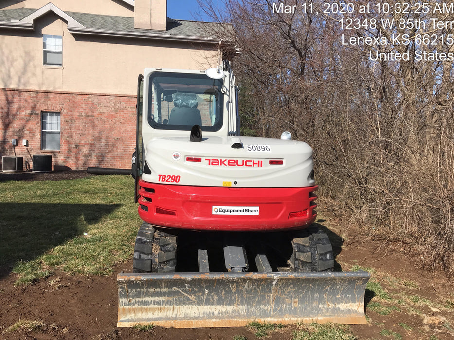2019 Takeuchi TB290 Cab, AC, Rubber Tracks, Dozer Blade, Travel Alarm, Control Pattern Change Valve, Auxiliary Hydraulics w/18" Quick Coupler Bucket with teeth, 6.2 cu. ft. capacity/24" Quick Coupler Bucket with teeth, 8.6 cu. ft. capacity/36" Quick Coupler Bucket with teeth, 13.4 cu. ft. capacity, Quick Coupler, Hydraulic Thumb Installed