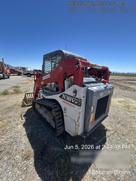 2019 Takeuchi TL10V2-CR Cab/Heat/AC, Rubber Tracks, Backup Alarm, Front & rear working Lights, Auxiliary Hydraulics, 2 Speed Travel, Engine Monitoring System, Hydraulic universal quick hitch w/76" HD dirt bucket with 8 teeth, 20.3 cubic feet capacity, 48" Pallet forks and frame