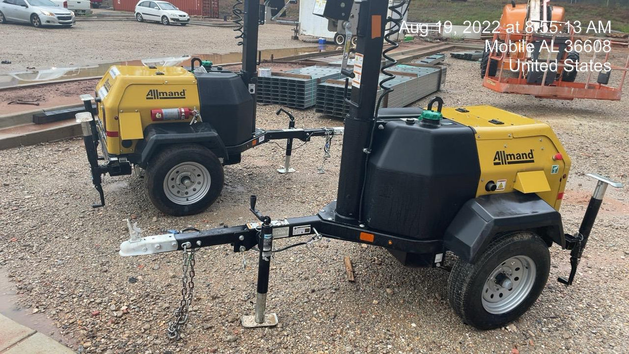 2022 Allmand NLV3GR (4) LED Light Fixture 350W, 23' Vertical Mast, 3kW Prime, Towable, Deep Sea L401, Leveling Jacks, Yanmar T4F 5.8hp