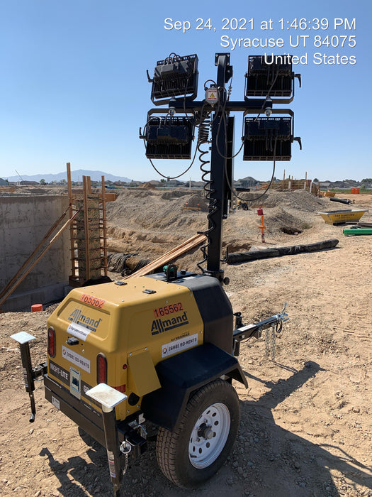 2021 Allmand NLV3GR (4) LED Light Fixture 350W, 23' Vertical Mast, 3kW Prime, Towable, Deep Sea L401, Leveling Jacks, Yanmar T4F 5.8hp