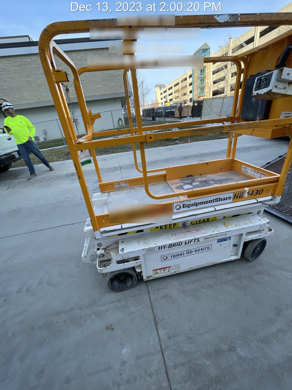 Custom Equipment HB-1430 <ul>
 <li>Hy-Brid Scissor Lift</li>
  <li>Platform capacity up to 670 lbs.</li>
  <li>Working height up to 20 ft</li>
  <li>Weighs under 1,700 lbs.</li>
  <li>Non-marking wheels </li>
</ul>