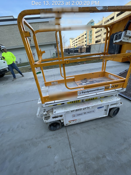 Custom Equipment HB-1430 <ul>
 <li>Hy-Brid Scissor Lift</li>
  <li>Platform capacity up to 670 lbs.</li>
  <li>Working height up to 20 ft</li>
  <li>Weighs under 1,700 lbs.</li>
  <li>Non-marking wheels </li>
</ul>