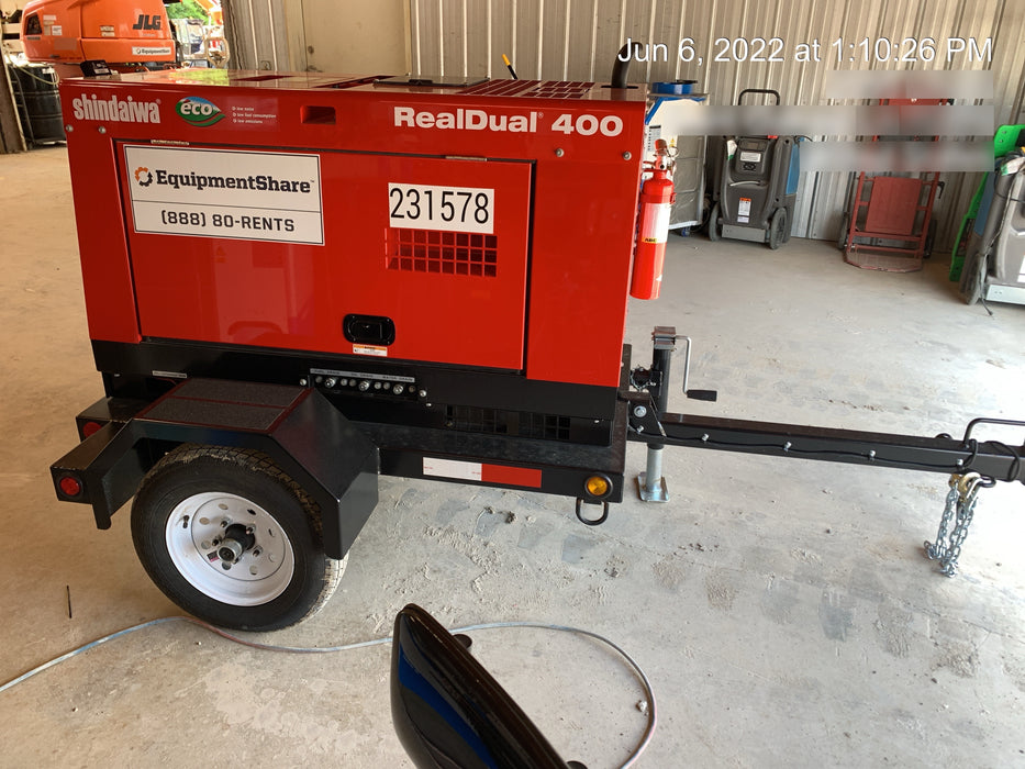 2022 Shindaiwa DGW400MDL Kubota D902 Engine, 23 HP, Dual Op Welder, Wire, Arc, Droop Stick, Tig, and CC Stick Functionality, Simulphase, 3 Phase and 1 Phase Gen Output, Single Axle NB Trlr, Slr Trckl Chrg 12V 12W, Fire Ext