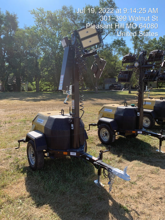 2022 Allmand NLV3GR (4) LED Light Fixture 350W, 23' Vertical Mast, 3kW Prime, Towable, Deep Sea L401, Leveling Jacks, Yanmar T4F 5.8hp