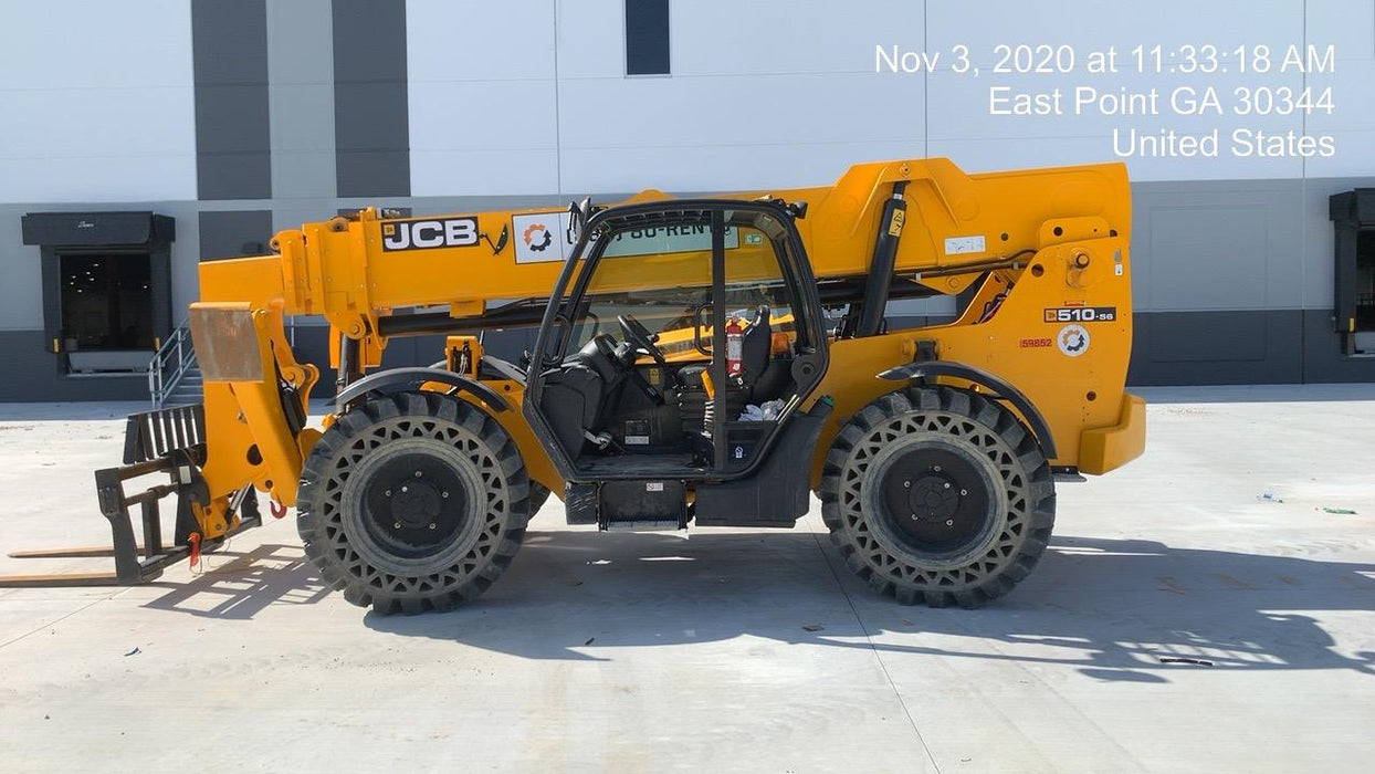 2020 JCB 510-56 Canopy, 74 HP, Solid Tires, STD Worklight, Beacon, Aux Hydraulics, Lifting Eye, Back up Alarm w/66" Carriage/60" Forks