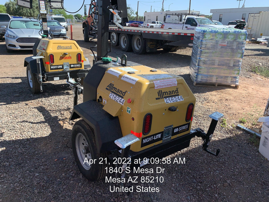 2022 Allmand NLV3GR (4) LED Light Fixture 350W, 23' Vertical Mast, 3kW Prime, Towable, Deep Sea L401, Leveling Jacks, Yanmar T4F 5.8hp