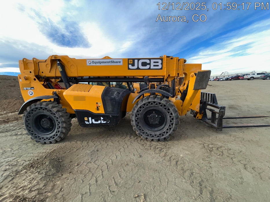 2019 JCB 512-56 Enclosed Cab, 109 HP, Solid Tires, Worklights, Beacon, Aux Hydraulics, Lifting Eye w/66" Carriage/60" Forks