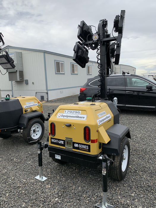 Allmand NLV3GR (4) LED Light Fixture 350W, 23' Vertical Mast, 3kW Prime, Towable, Deep Sea L401, Leveling Jacks, Yanmar T4F 5.8hp