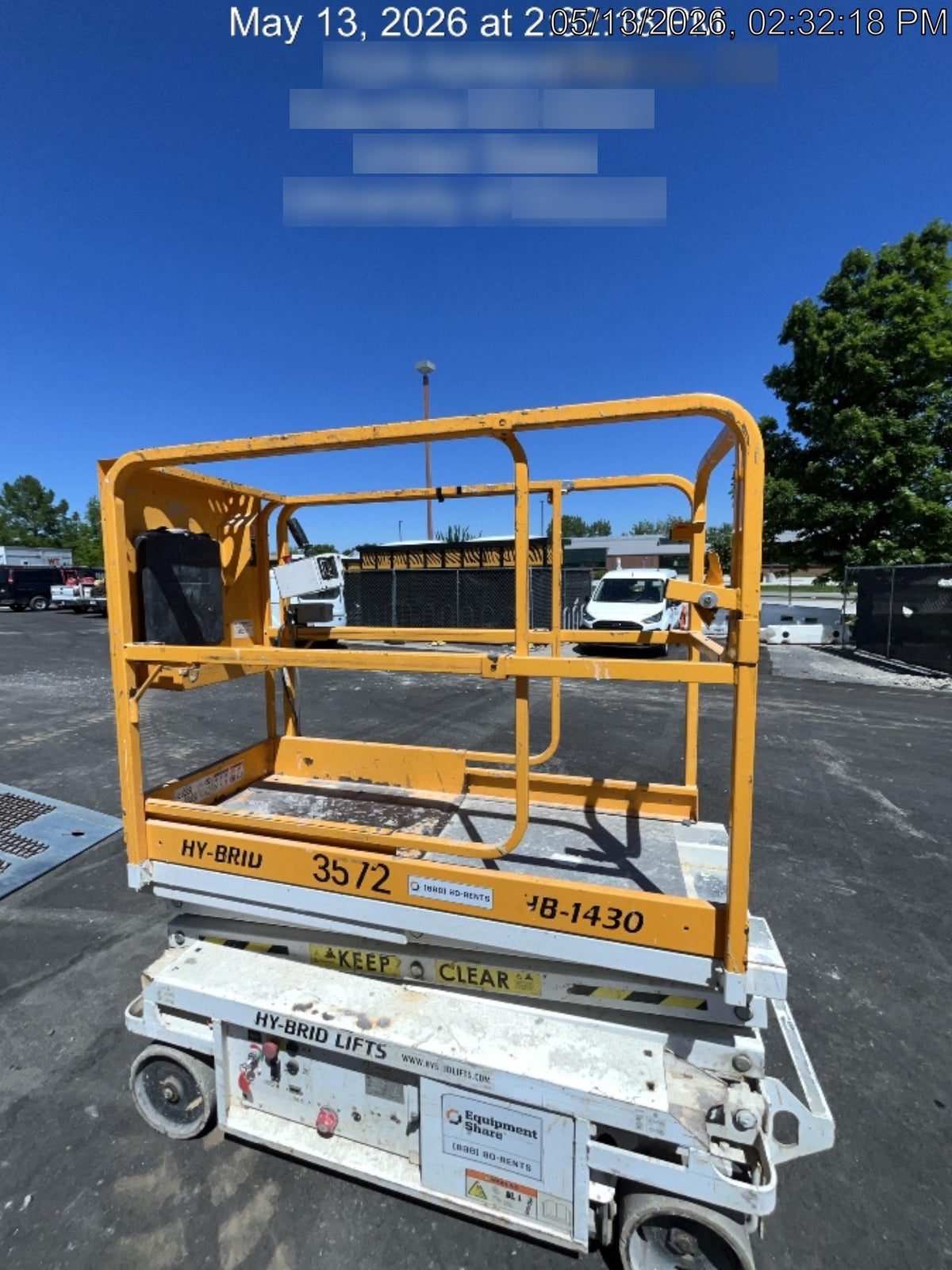 Custom Equipment HB-1430 Hy-Brid Scissor Lift
Platform capacity up to 670 lbs
Working height up to 20 ft
Weighs under 1,700 lbs
Non-marking wheels