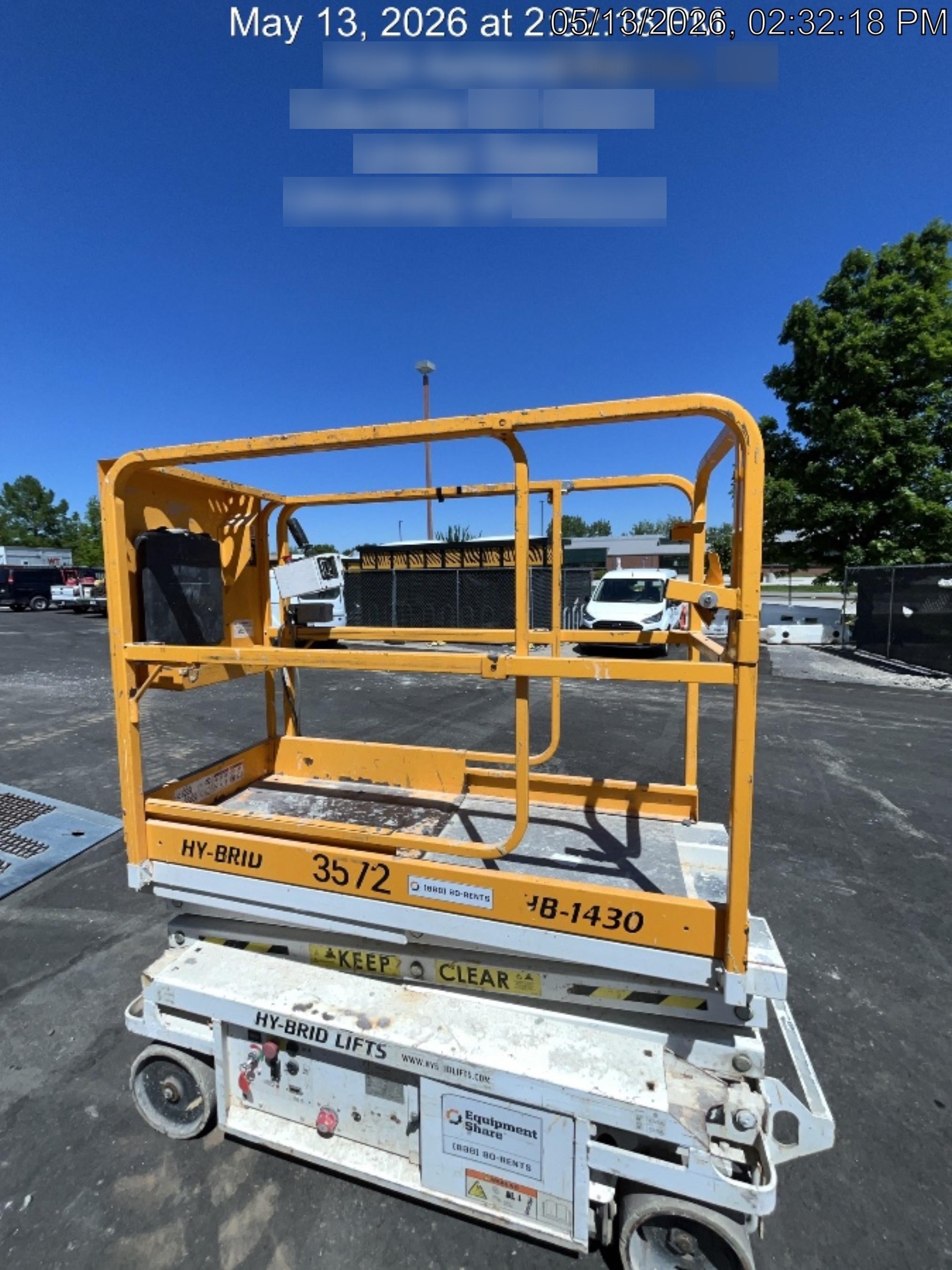 Custom Equipment HB-1430 Hy-Brid Scissor Lift
Platform capacity up to 670 lbs
Working height up to 20 ft
Weighs under 1,700 lbs
Non-marking wheels