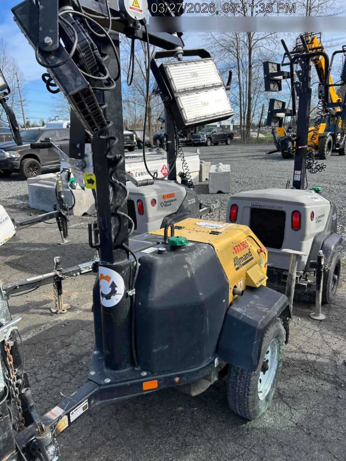 2021 Allmand NLV3GR (4) LED Light Fixture 350W, 23' Vertical Mast, 3kW Prime, Towable, Deep Sea L401, Leveling Jacks, Yanmar T4F 5.8hp