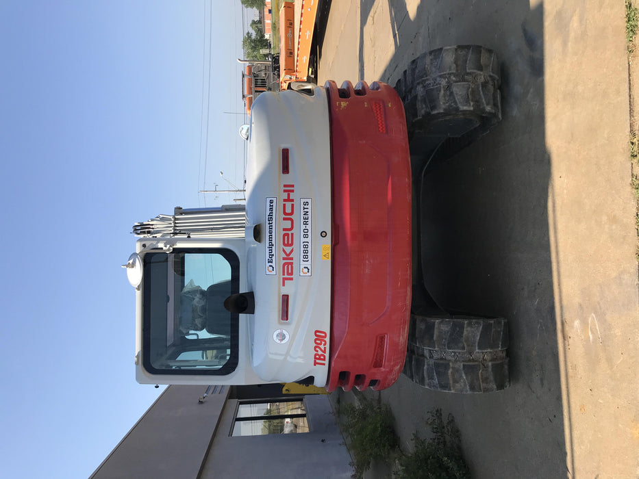 2019 Takeuchi TB290 Cab, AC, Rubber Tracks, Dozer Blade, Travel Alarm, Control Pattern Change Valve, Auxiliary Hydraulics w/18" Quick Coupler Bucket with teeth, 6.2 cu. ft. capacity/24" Quick Coupler Bucket with teeth, 8.6 cu. ft. capacity/36" Quick Coupler Bucket with teeth, 13.4 cu. ft. capacity, Quick Coupler, Hydraulic Thumb Installed
