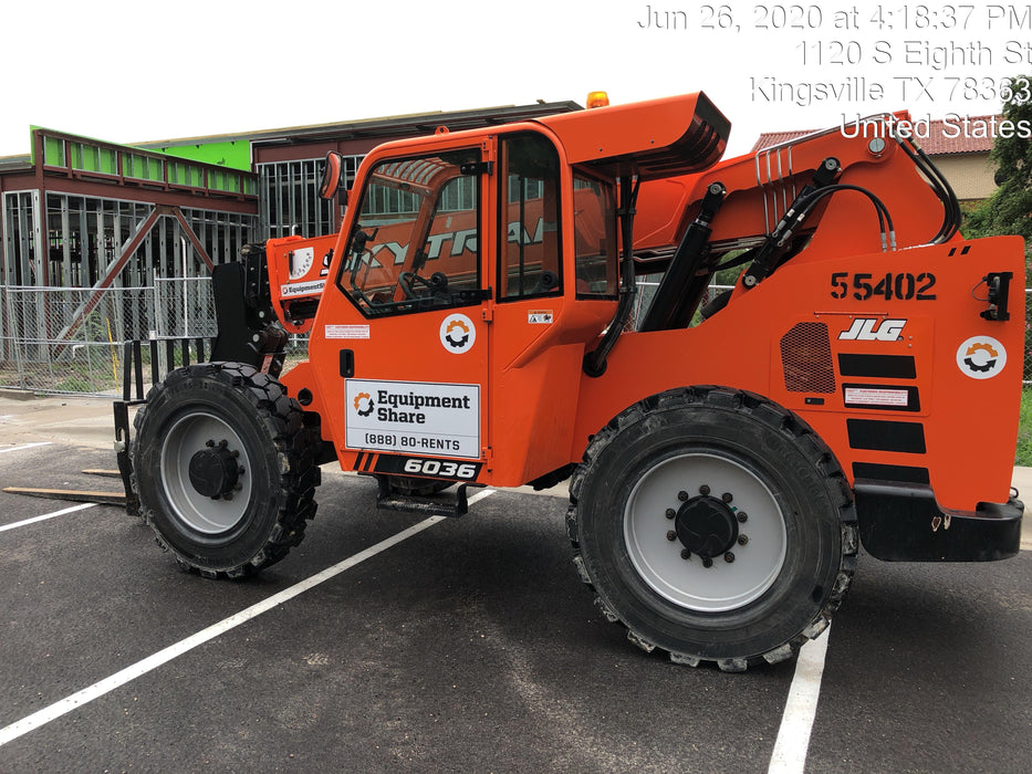 2019 Skytrak 6036 Cab/Heat/Air, Solid Tires, LED Work Lights, Beacon w/50" Carriage, 48" Pallet Forks