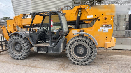 2019 JCB 510-56 Open ROPS, 74 HP, Solid Tires, Worklights, Beacon, Aux Hydraulics, Lifting Eye w/60" Carriage/60" Forks