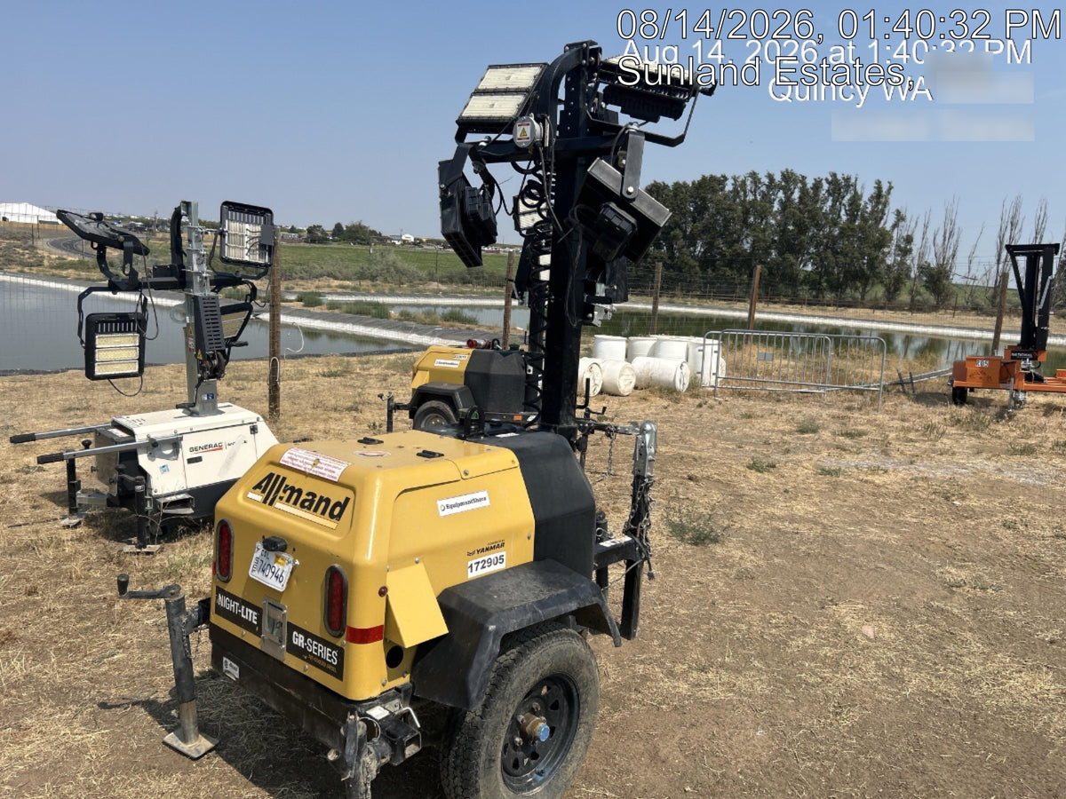 Allmand NLV3GR (4) LED Light Fixture 350W, 23' Vertical Mast, 3kW Prime, Towable, Deep Sea L401, Leveling Jacks, Yanmar T4F 5.8hp