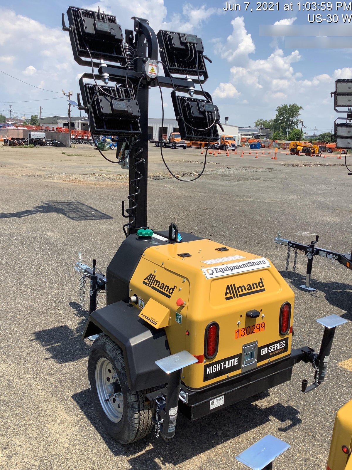 2021 Allmand NLV3GR (4) LED Light Fixture 350W, 23' Vertical Mast, 3kW Prime, Towable, Deep Sea L401, Leveling Jacks, Yanmar T4F 5.8hp