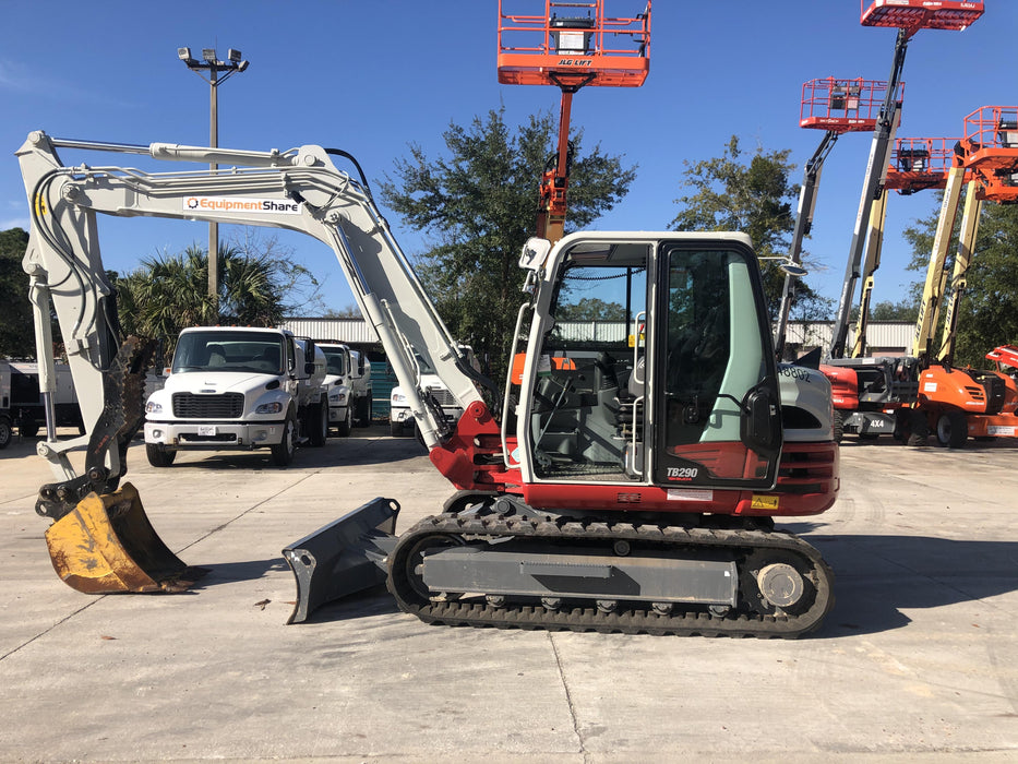 2019 Takeuchi TB290 Cab, AC, Rubber Tracks, Dozer Blade, Travel Alarm, Control Pattern Change Valve, Auxiliary Hydraulics w/18" Quick Coupler Bucket with teeth, 6.2 cu. ft. capacity/24" Quick Coupler Bucket with teeth, 8.6 cu. ft. capacity/36" Quick Coupler Bucket with teeth, 13.4 cu. ft. capacity, Quick Coupler, Hydraulic Thumb Installed