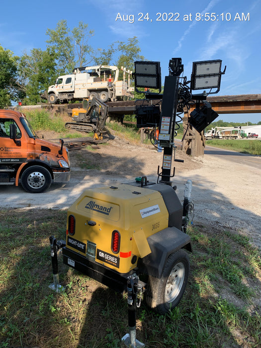 2022 Allmand NLV3GR (4) LED Light Fixture 350W, 23' Vertical Mast, 3kW Prime, Towable, Deep Sea L401, Leveling Jacks, Yanmar T4F 5.8hp