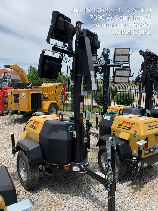 2022 Allmand NLV3GR (4) LED Light Fixture 350W, 23' Vertical Mast, 3kW Prime, Towable, Deep Sea L401, Leveling Jacks, Yanmar T4F 5.8hp