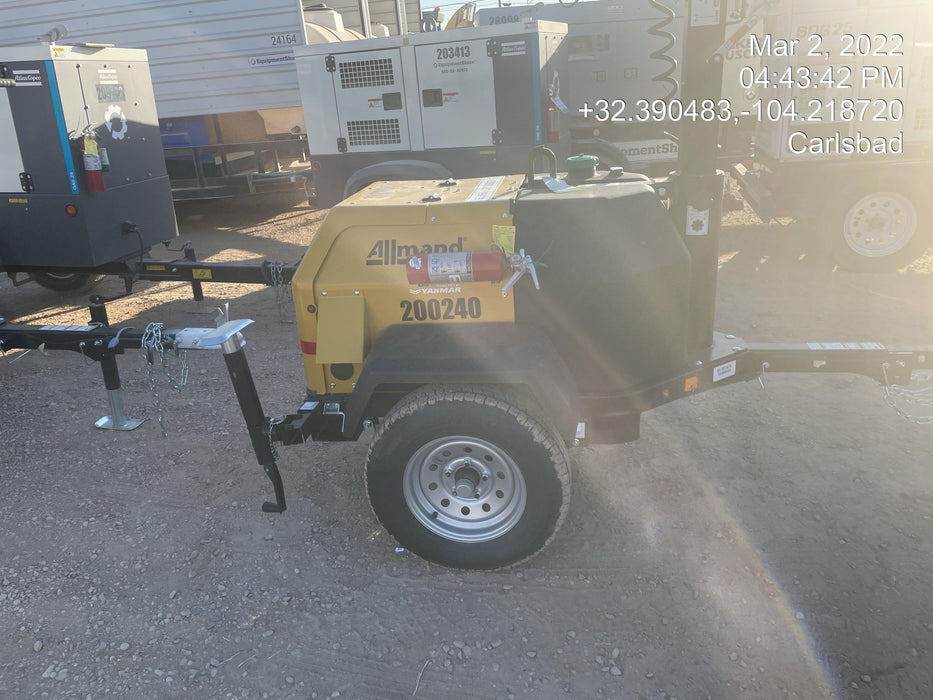 2022 Allmand NLV3GR (4) LED Light Fixture 350W, 23' Vertical Mast, 3kW Prime, Towable, Deep Sea L401, Leveling Jacks, Yanmar T4F 5.8hp