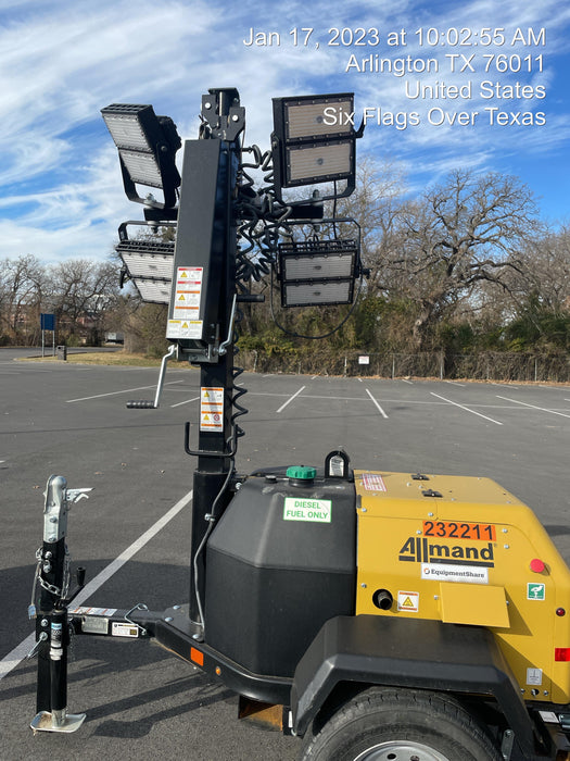 2022 Allmand NLV3GR (4) LED Light Fixture 350W, 23' Vertical Mast, 3kW Prime, Towable, Deep Sea L401, Leveling Jacks, Yanmar T4F 5.8hp