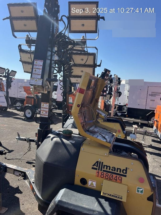 Allmand NLV3GR (4) LED Light Fixture 350W, 23' Vertical Mast, 3kW Prime, Towable, Deep Sea L401, Leveling Jacks, Yanmar T4F 5.8hp
