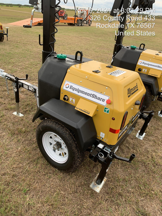 Allmand NLV3GR (4) LED Light Fixture 350W, 23' Vertical Mast, 3kW Prime, Towable, Deep Sea L401, Leveling Jacks, Yanmar T4F 5.8hp