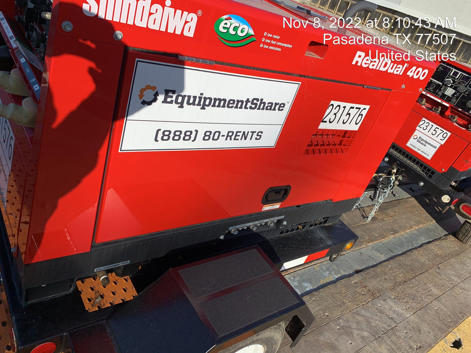 2022 Shindaiwa DGW400MDL Kubota D902 Engine, 23 HP, Dual Op Welder, Wire, Arc, Droop Stick, Tig, and CC Stick Functionality, Simulphase, 3 Phase and 1 Phase Gen Output, Single Axle NB Trlr, Slr Trckl Chrg 12V 12W, Fire Ext