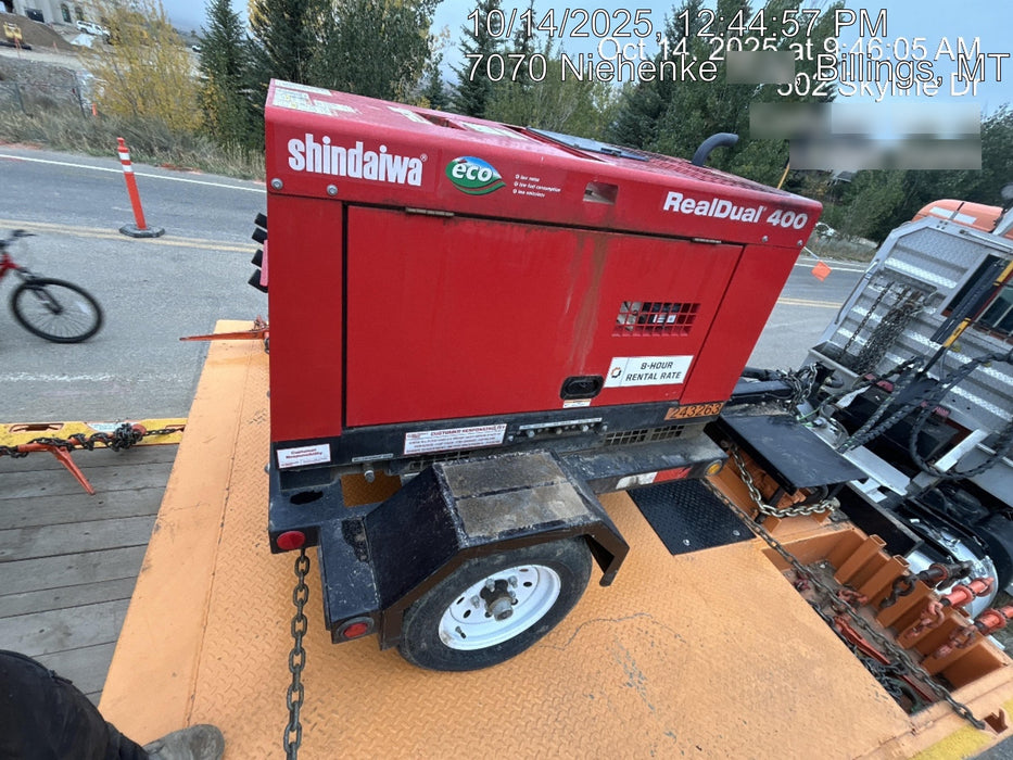 2022 Shindaiwa DGW400MDL Kubota D902 Engine, 23 HP, Dual Op Welder, Wire, Arc, Droop Stick, Tig, and CC Stick Functionality, Simulphase, 3 Phase and 1 Phase Gen Output, Single Axle NB Trlr, Slr Trckl Chrg 12V 12W, Fire Ext