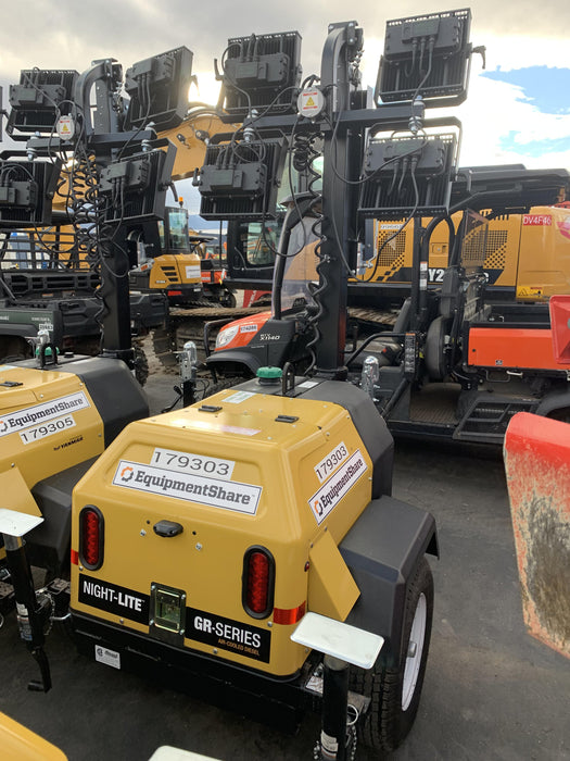 Allmand NLV3GR (4) LED Light Fixture 350W, 23' Vertical Mast, 3kW Prime, Towable, Deep Sea L401, Leveling Jacks, Yanmar T4F 5.8hp