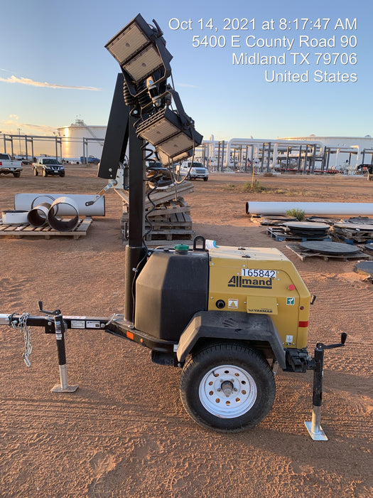 2021 Allmand NLV3GR (4) LED Light Fixture 350W, 23' Vertical Mast, 3kW Prime, Towable, Deep Sea L401, Leveling Jacks, Yanmar T4F 5.8hp