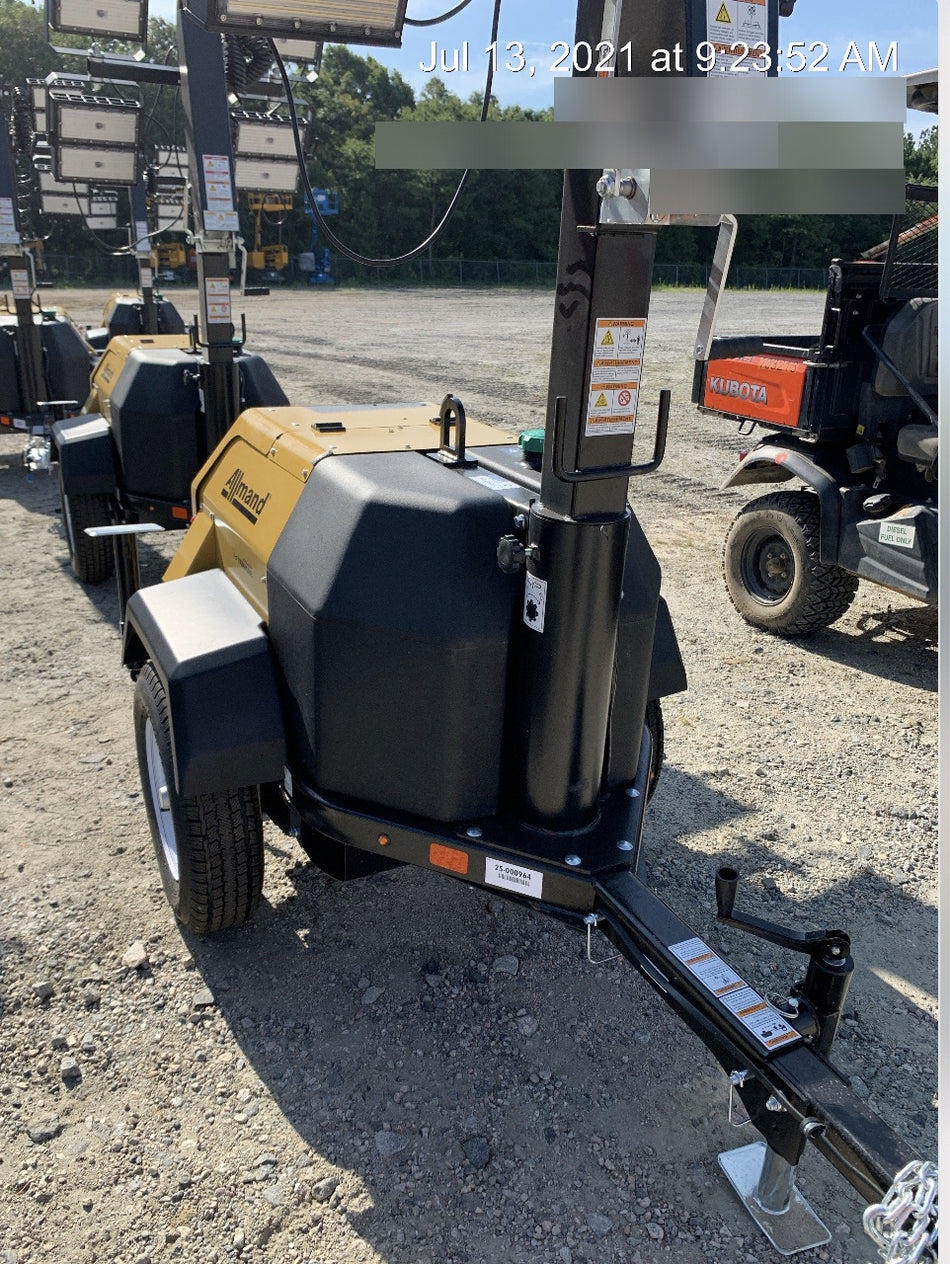2021 Allmand NLV3GR (4) LED Light Fixture 350W, 23' Vertical Mast, 3kW Prime, Towable, Deep Sea L401, Leveling Jacks, Yanmar T4F 5.8hp