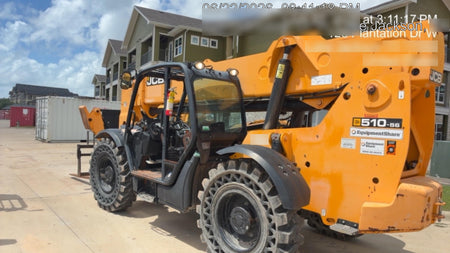 2019 JCB 510-56 Open ROPS, 74 HP, Solid Tires, Worklights, Beacon, Aux Hydraulics, Lifting Eye w/60" Carriage/60" Forks