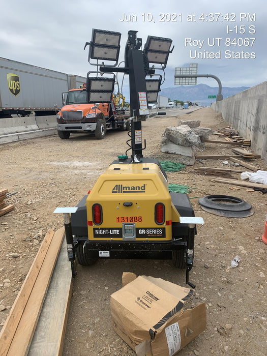 2021 Allmand NLV3GR (4) LED Light Fixture 350W, 23' Vertical Mast, 3kW Prime, Towable, Deep Sea L401, Leveling Jacks, Yanmar T4F 5.8hp