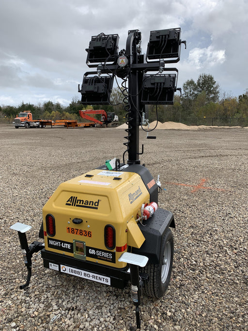 Allmand NLV3GR (4) LED Light Fixture 350W, 23' Vertical Mast, 3kW Prime, Towable, Deep Sea L401, Leveling Jacks, Yanmar T4F 5.8hp