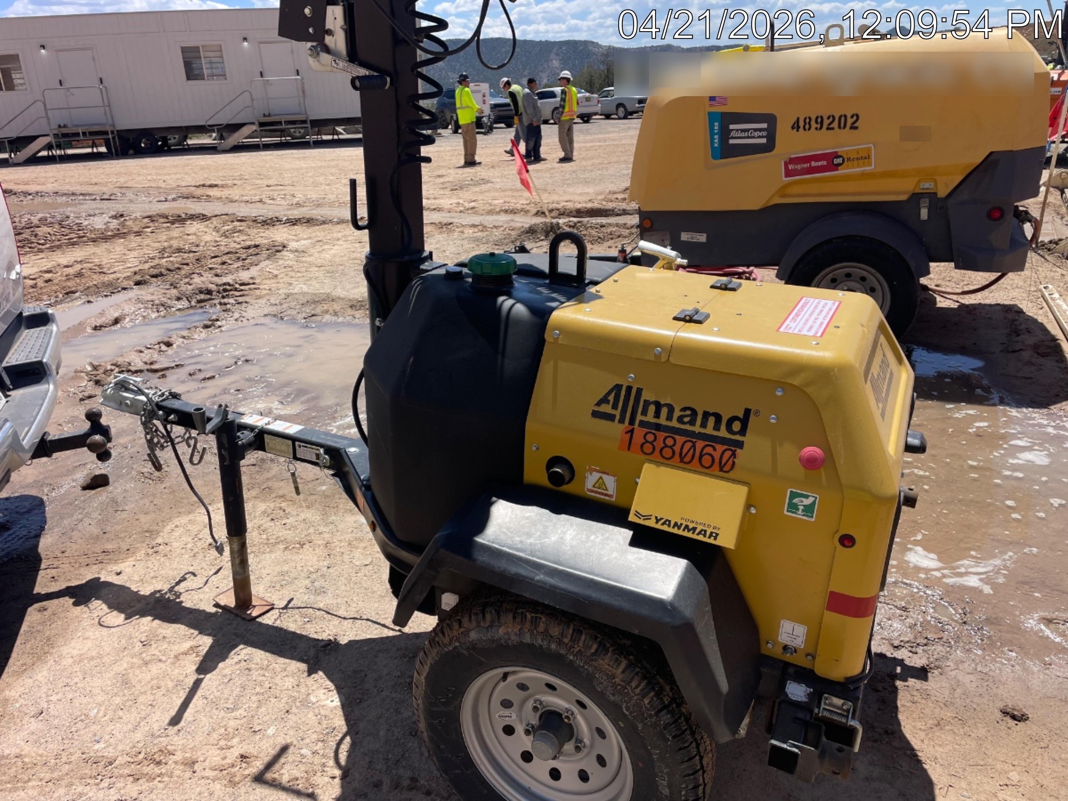 Allmand NLV3GR (4) LED Light Fixture 350W, 23' Vertical Mast, 3kW Prime, Towable, Deep Sea L401, Leveling Jacks, Yanmar T4F 5.8hp