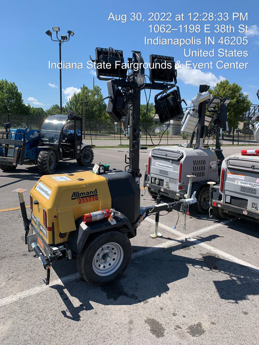 2022 Allmand NLV3GR (4) LED Light Fixture 350W, 23' Vertical Mast, 3kW Prime, Towable, Deep Sea L401, Leveling Jacks, Yanmar T4F 5.8hp