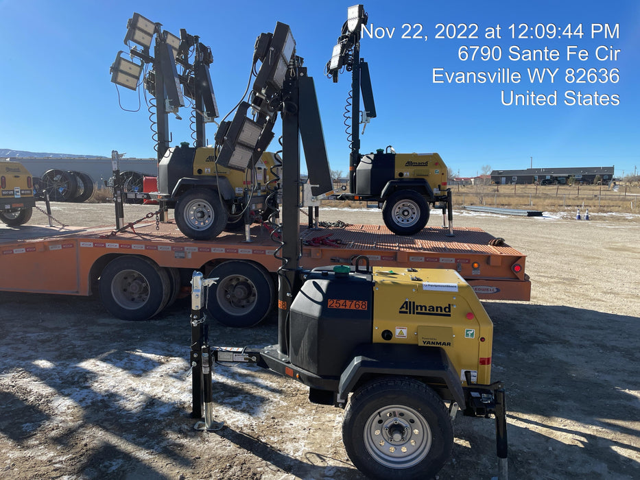 2022 Allmand NLV3GR (4) LED Light Fixture 350W, 23' Vertical Mast, 3kW Prime, Towable, ES Decals, T3