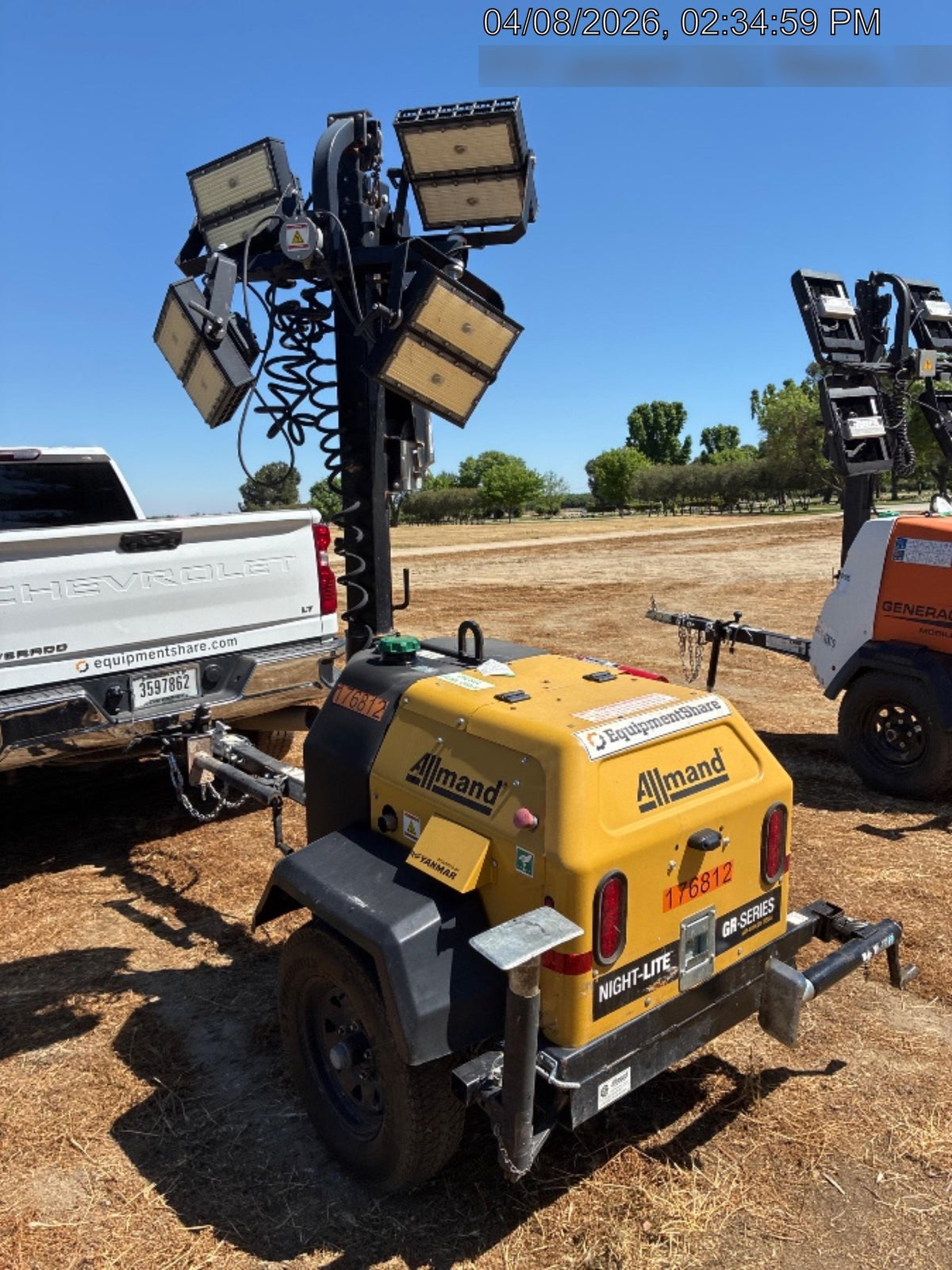 Allmand NLV3GR (4) LED Light Fixture 350W, 23' Vertical Mast, 3kW Prime, Towable, Deep Sea L401, Leveling Jacks, Yanmar T4F 5.8hp